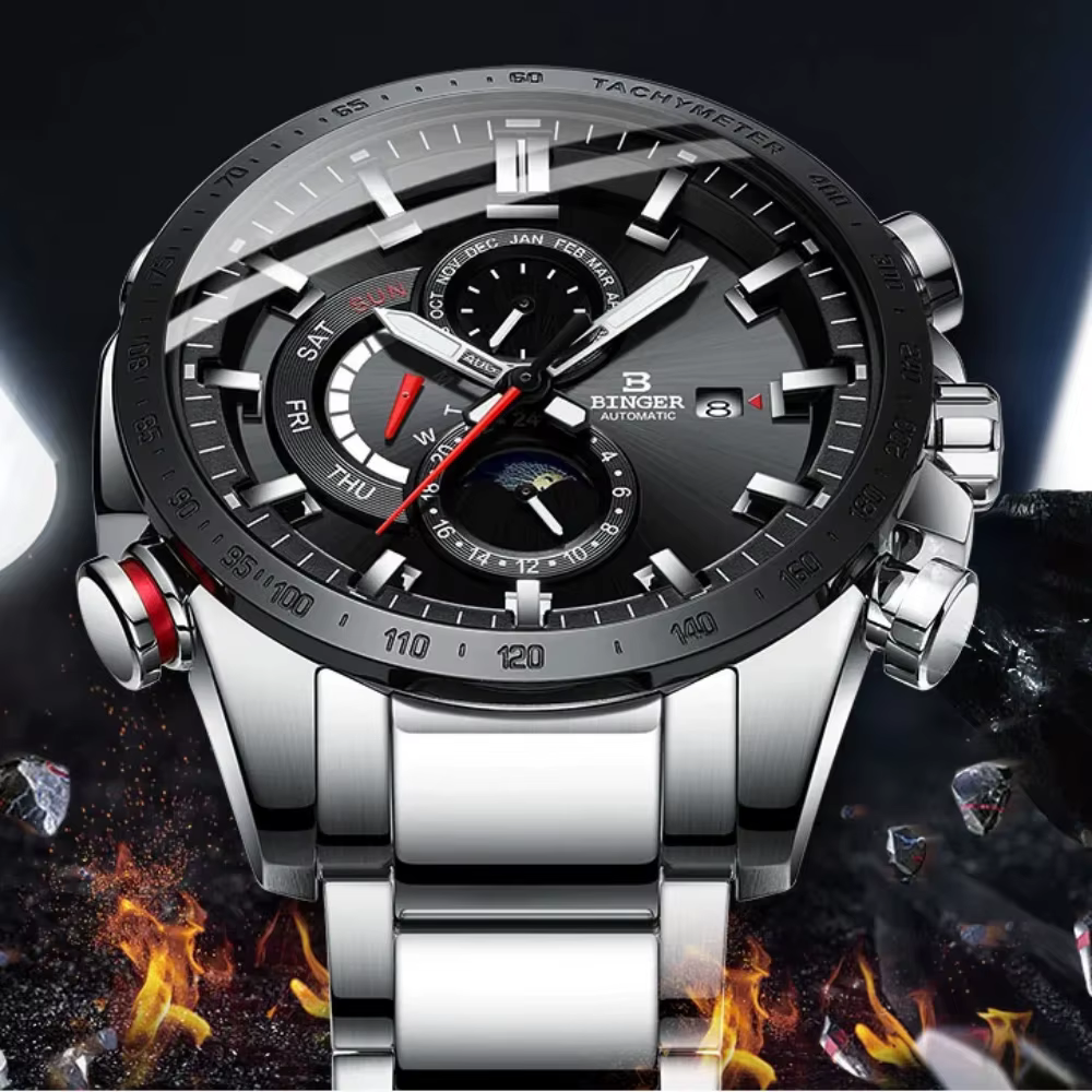 Véritable marque de luxe BINGER hommes montres automatique mécanique lumineux entièrement en acier étanche calendrier de course mâle Phase de lune