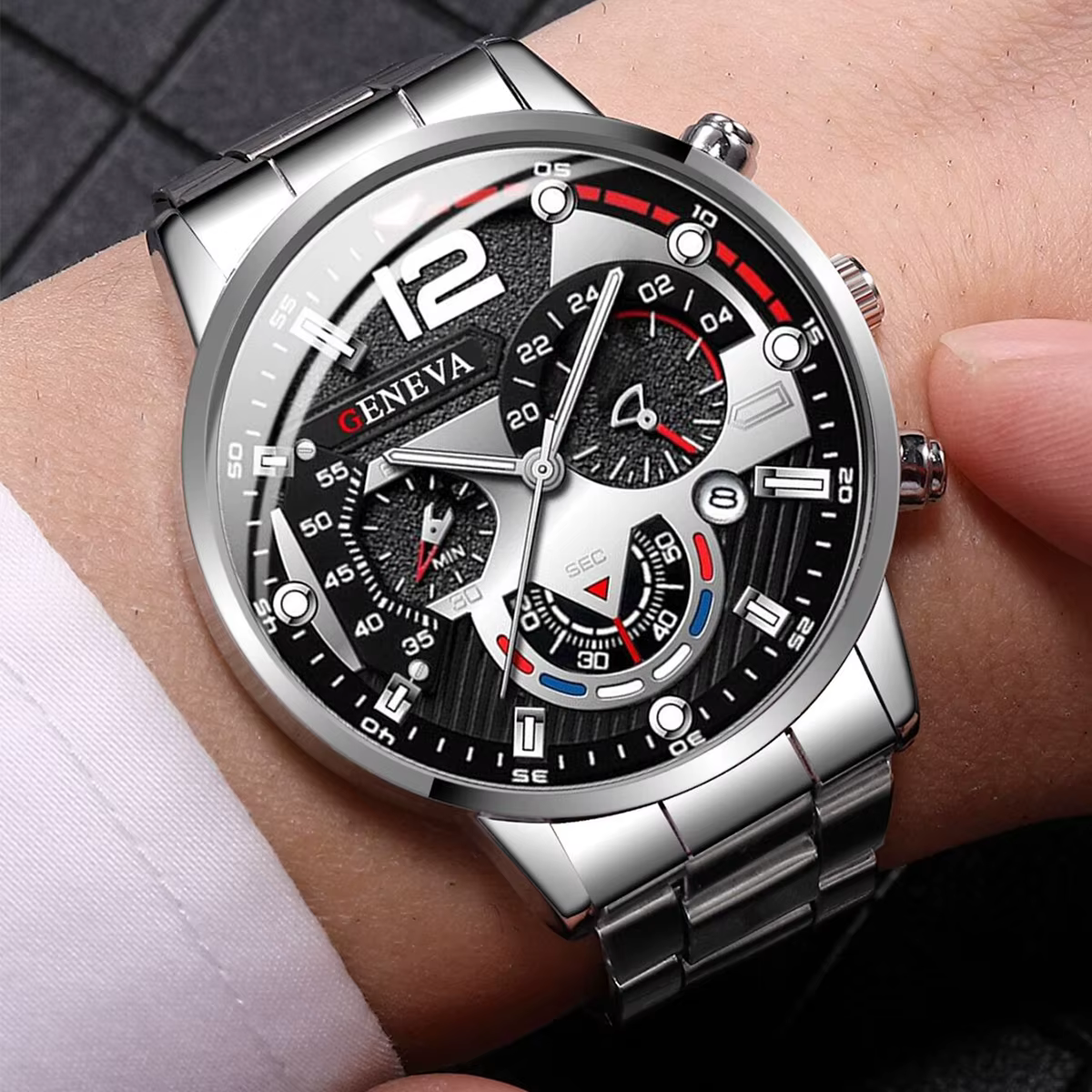 Montre chronographe pour homme avec bracelet en acier argenté