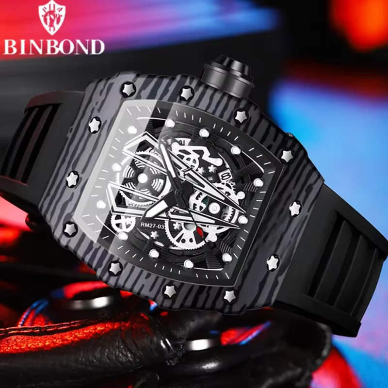 BINBOND marque hommes montres dominateur baril montre miroir incurvé Surface creuse sport