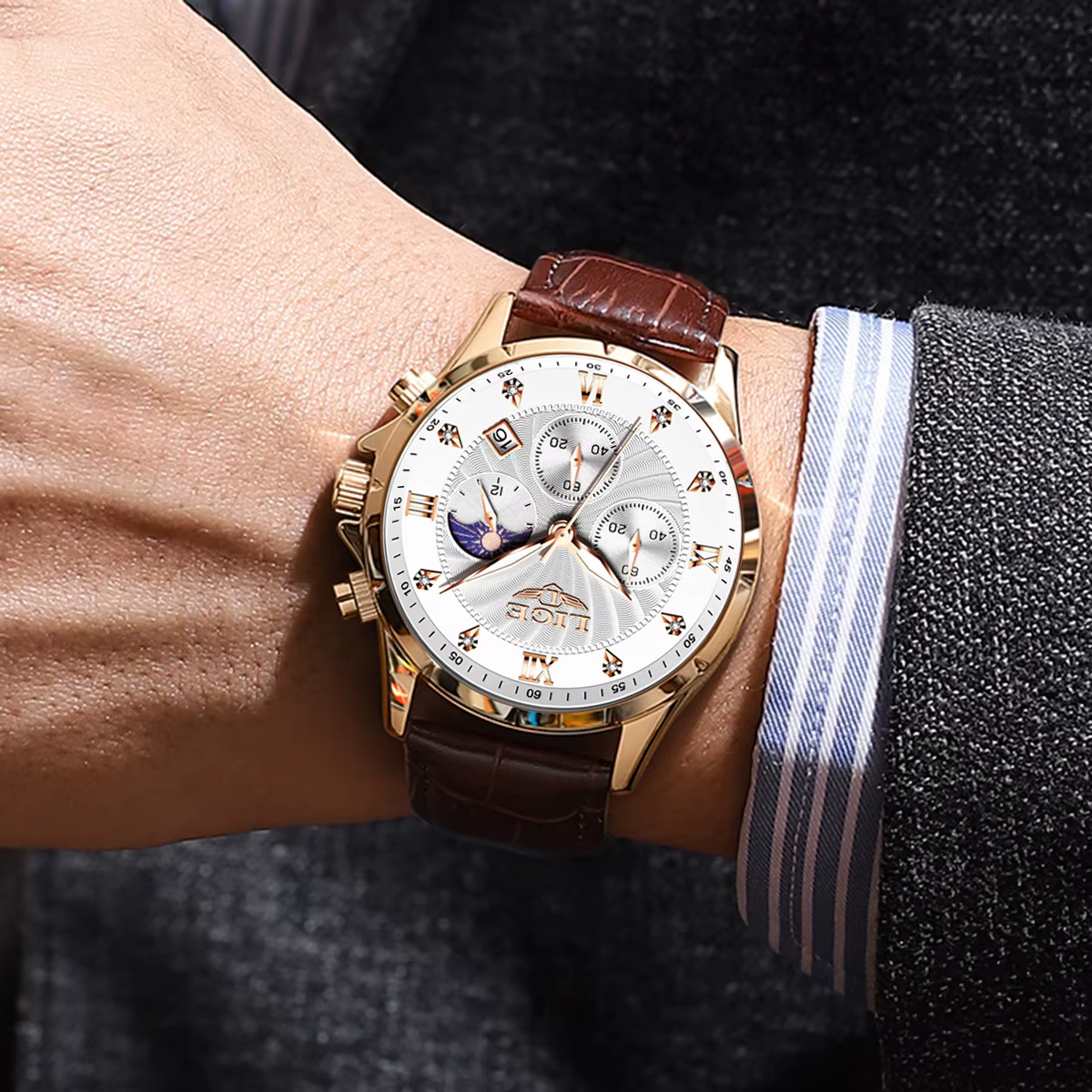 LIGE montre pour hommes de luxe affaires lumineux étanche montres en cuir Phase de lune semaine Date montre à Quartz décontractée hommes Reloj hombre