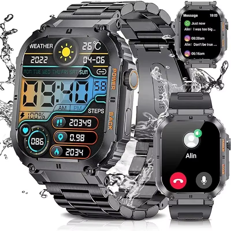 LIGE Sports de plein air Fitness Smartwatch pour hommes 1.96 pouces écran Bluetooth appel montres étanches sang oxygène Reloj Hombre
