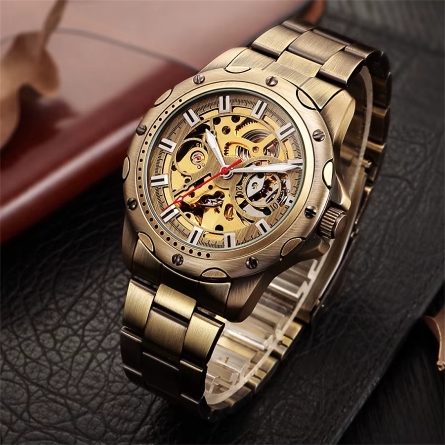 SHENHUA 9536A hommes montre mécanique automatique Bronze squelette décontracté