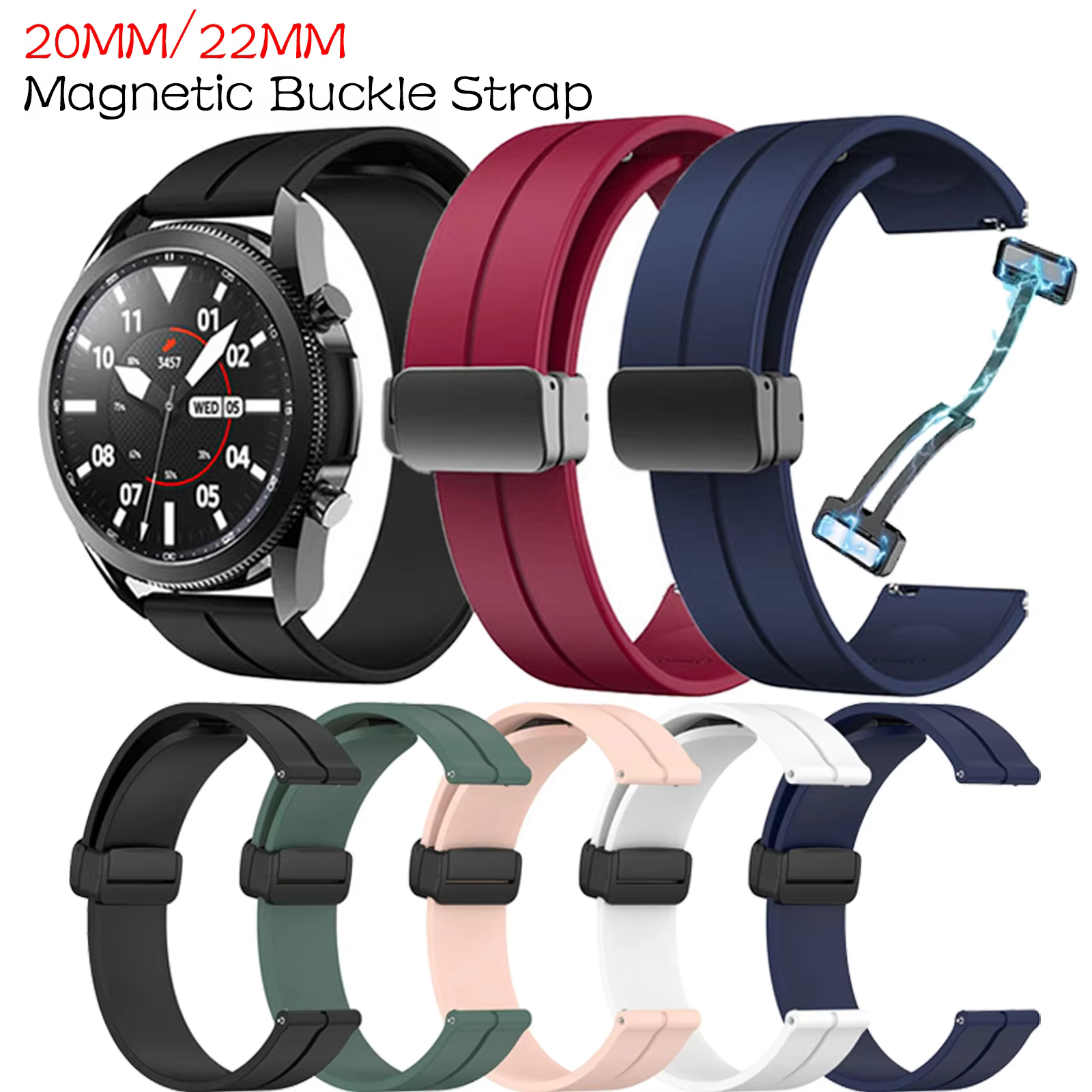 Bracelet de montre magnétique sport 20mm 22mm pour Samsung Galaxy Watch 6/4/5 Pro/Gear S3/Active 2/Classic et Huawei GT 2 2e 3