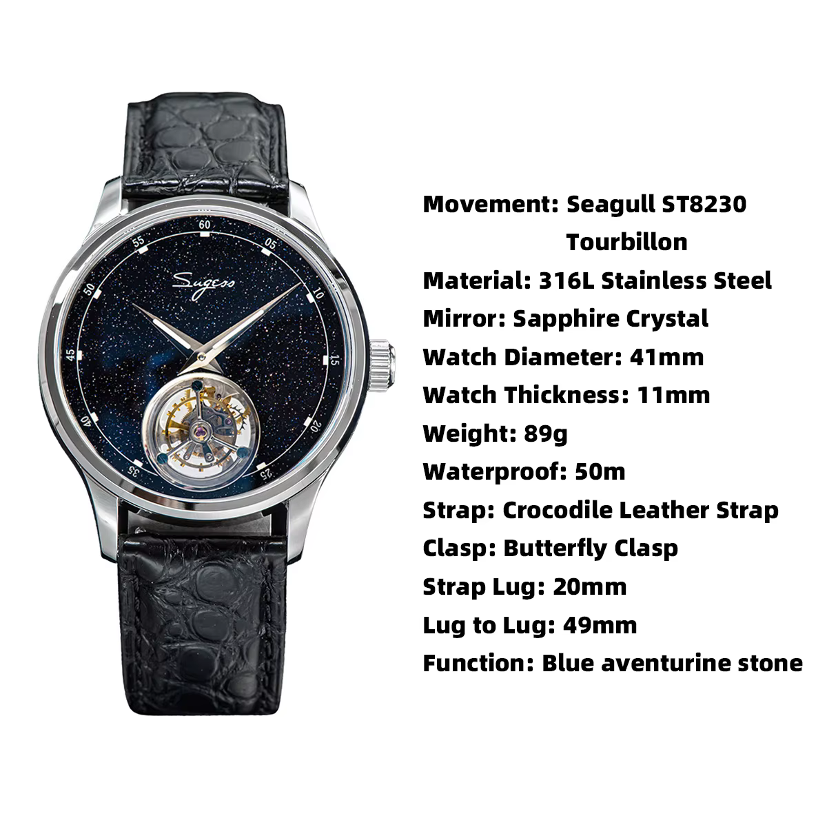 Sugess Tourbillon mouvement montre hommes de luxe mécanique montre-bracelet véritable pierre bleue Glamour maître