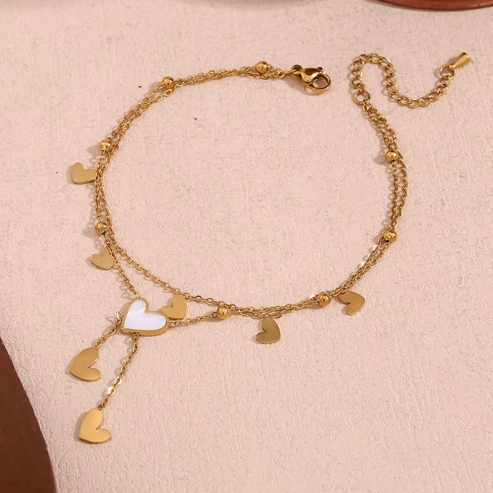 E.B.belle-Bracelet de cheville double couche en forme de cœur pour femme, bracelet de cheville pompon blanc et beige, plaqué or 18 carats, acier inoxydable SION L
