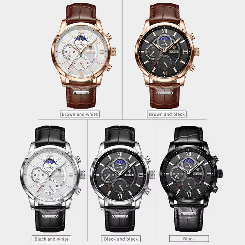 Montre à quartz en cuir marron pour homme