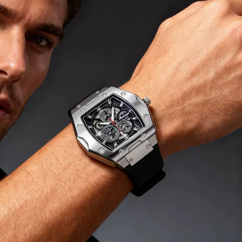 Nouvelle Montre Homme de Luxe Tonneau Squelette Creux Style Mécanique