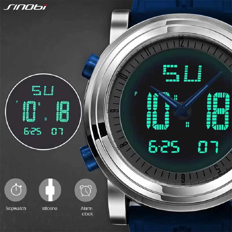 Nouveau SINOBI marque sport chronographe hommes montres numérique Quartz double mouvement étanche plongée bracelet