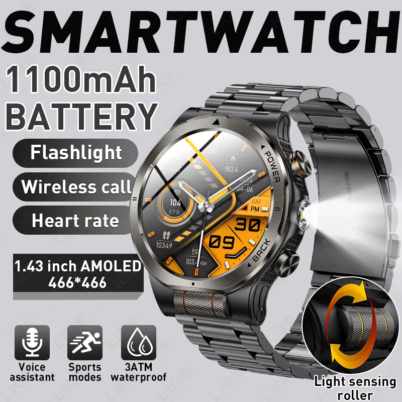Montre connectée militaire LIGE pour homme, batterie 1100 mAh, boussole, lampe de poche, étanche 3 ATM, écran AMOLED 466*466, appels Bluetooth, montres d'extérieur