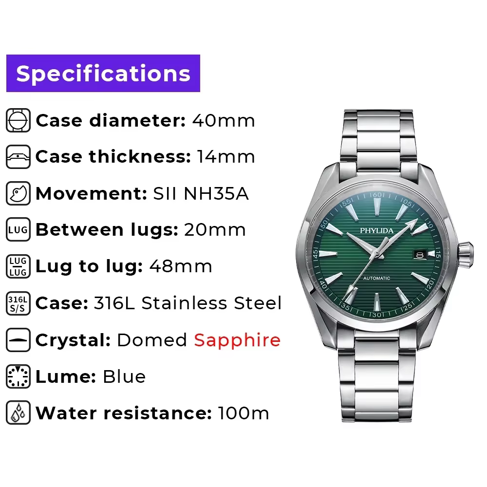 PHYLIDA nouvelle montre automatique Aqua solide SS saphir cristal NH35A montre-bracelet mécanique 100WR plongeur