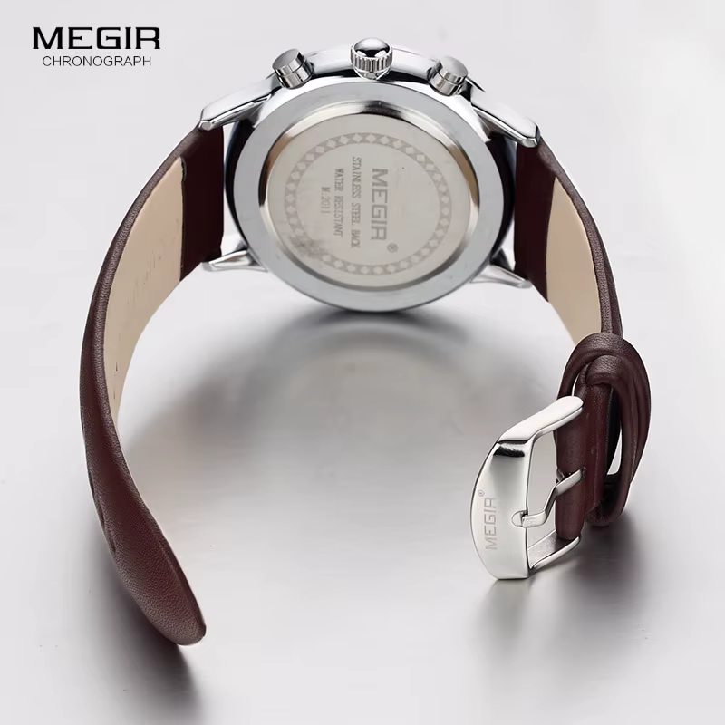 Mode Megir 2011 Top marque Quartz hommes lumineux étanche montre de sport homme Commercial en cuir véritable affaires montres