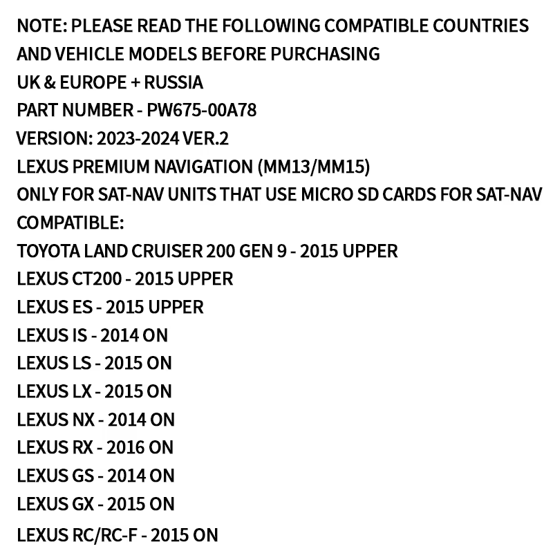 Pour Lexus Navigation carte SD Premium 13mm Micro carte SD royaume-uni et Europe + russie GPS carte SD carte ver.2 carte dernière Version 2024