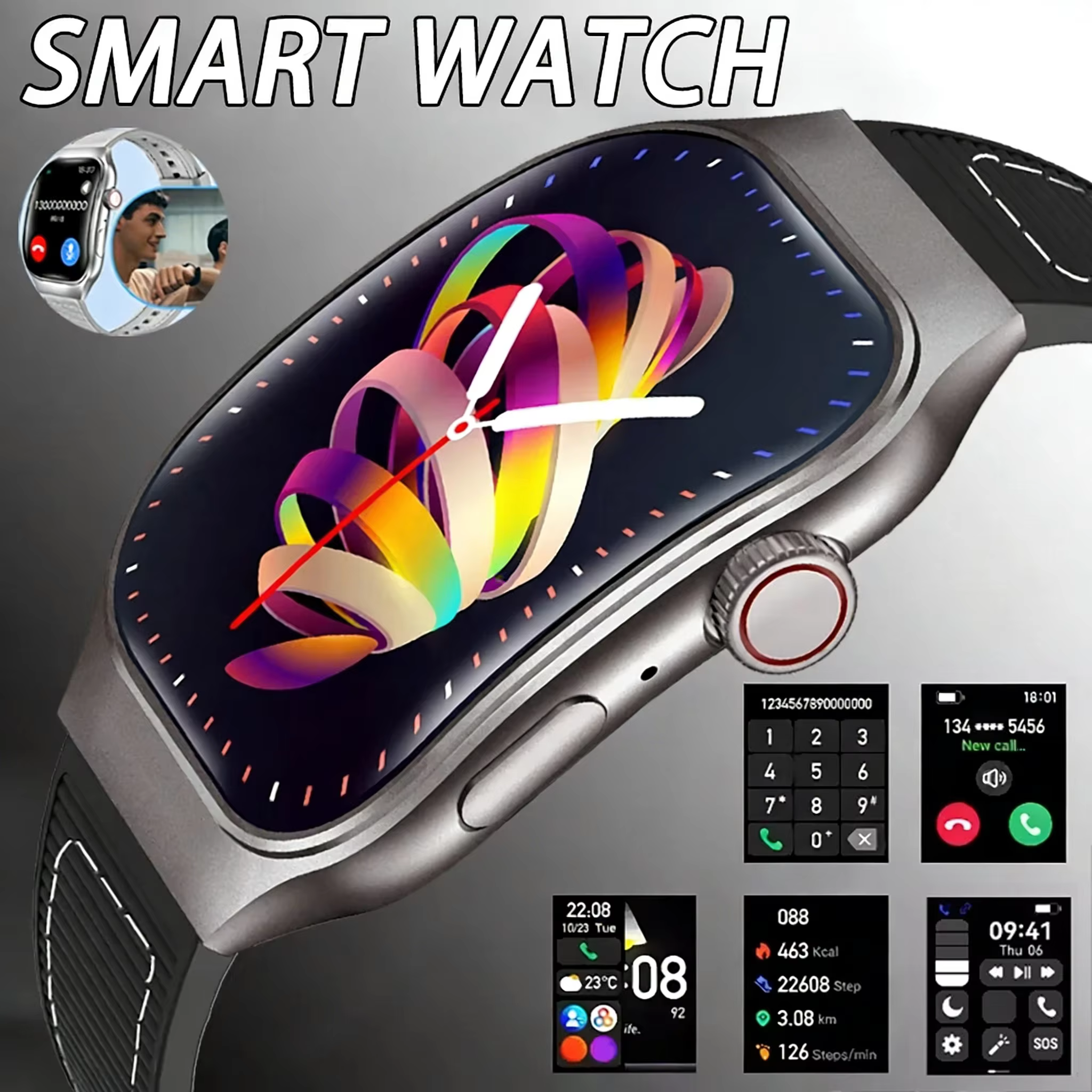 LAXASFIT Nouvelle montre connectée Bluetooth pour hommes avec écran incurvé HD de 2