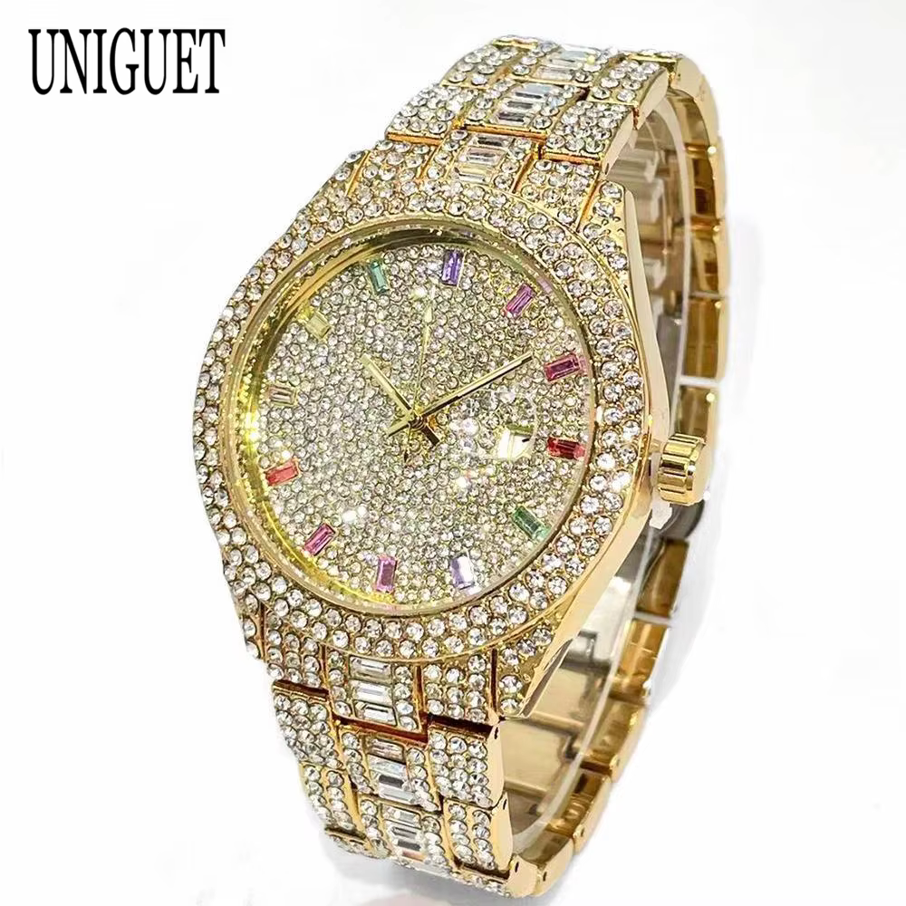UNIGUET mode montre de glace pour hommes de luxe argent Quartz horloge Hip Hop couleur diamant bijoux montre-bracelet homme Reloj Hombre