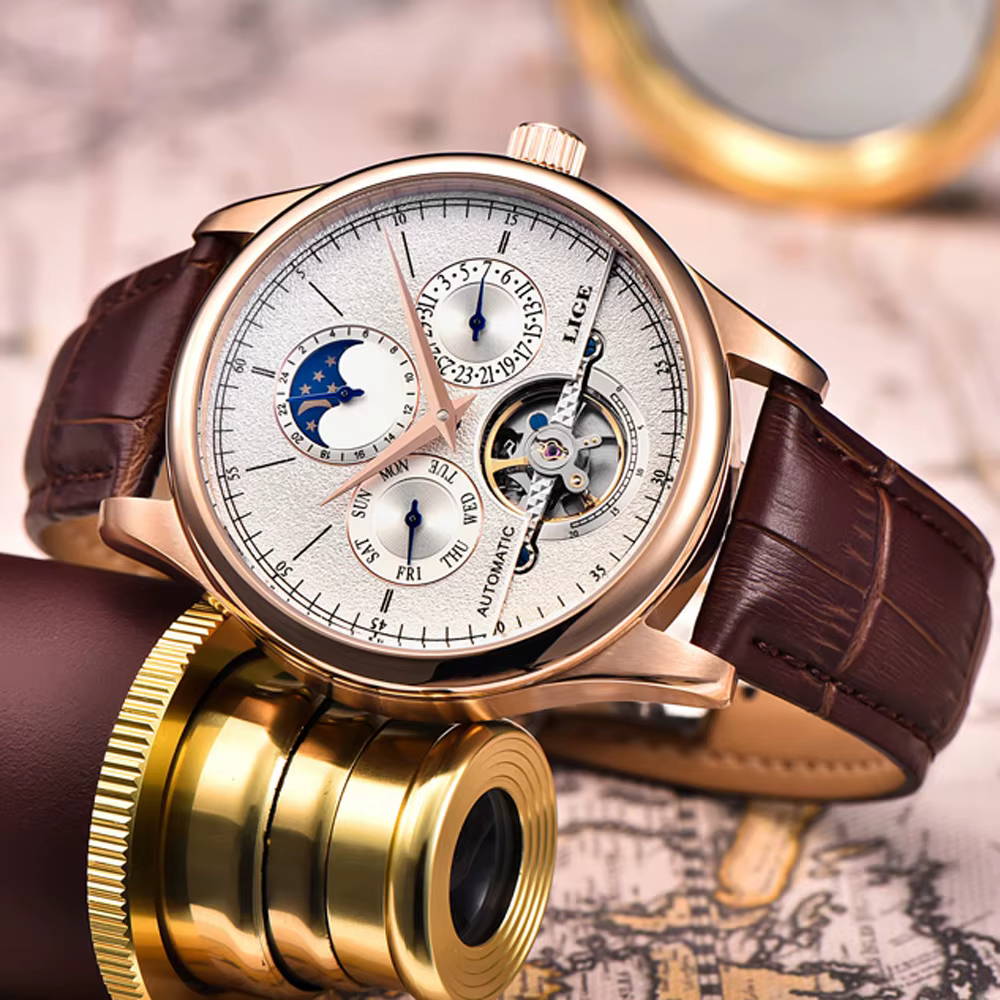 LIGE marque classique hommes rétro montres automatique mécanique montre Tourbillon horloge en cuir véritable étanche militaire montre-bracelet