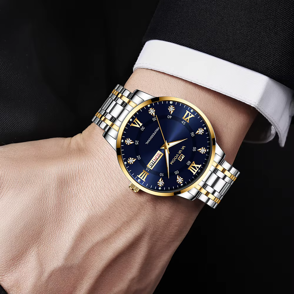 VA VA VOOM Top marque de luxe hommes montre semaine mouvement à Quartz horloge d'affaires noir en acier inoxydable 3Bar