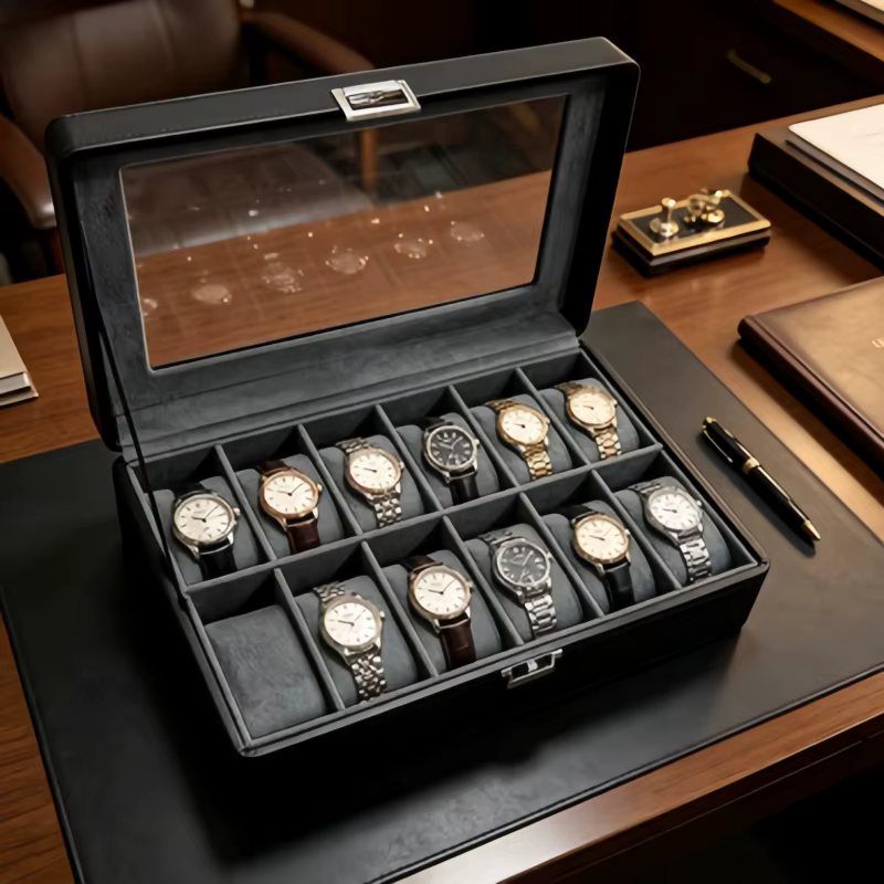 Boîte à montres en cuir de luxe à 12 emplacements avec serrure