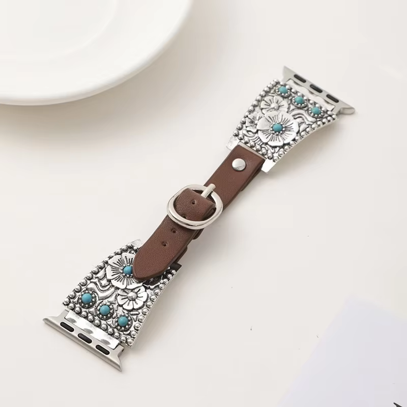 Bracelet en cuir et métal turquoise de qualité supérieure pour Apple Watch