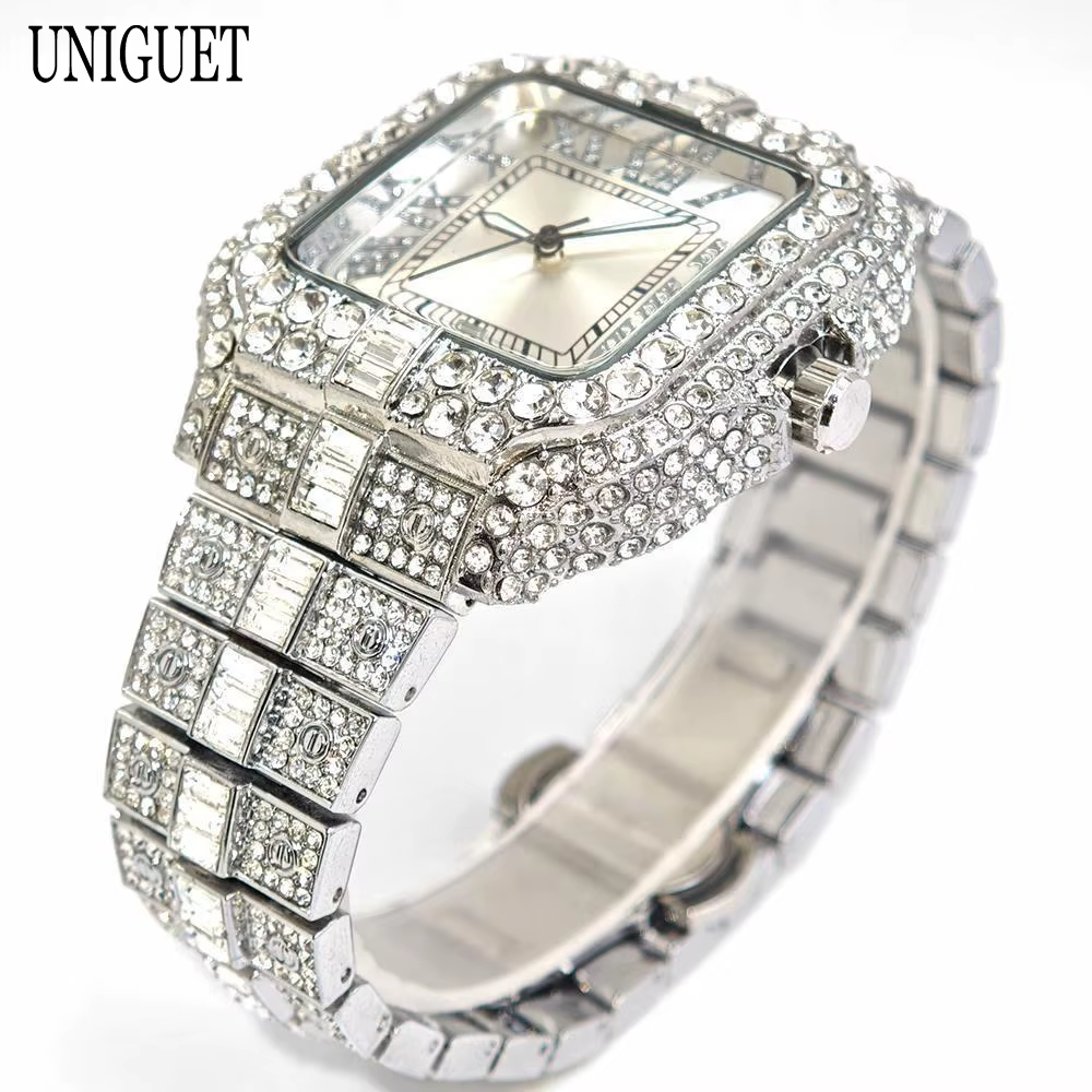 UNIGUET montre carrée pour hommes mode glacé montres à Quartz homme Hip Hop diamant bijoux montre-bracelet Rock garçon Reloj Hombre