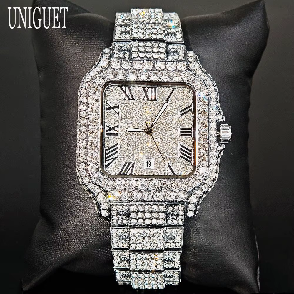 UNIGUET offre spéciale montre glacée de luxe pour homme mode montres carrées hommes Hip Hop diamant Bling bijoux montre-bracelet Reloj Hombre