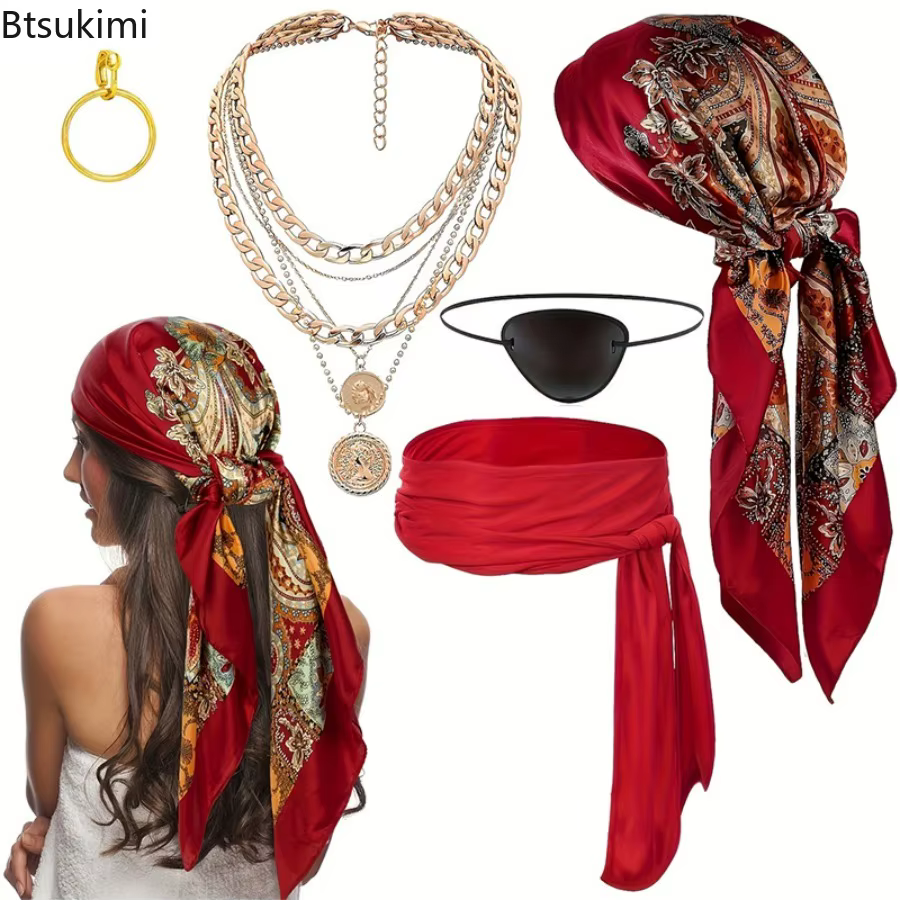 Accessoires de costume de pirate médiéval et de la Renaissance pour femmes et hommes, ensemble vintage de foulard, ceinture, collier et bracelet, tenue de fête d'Halloween