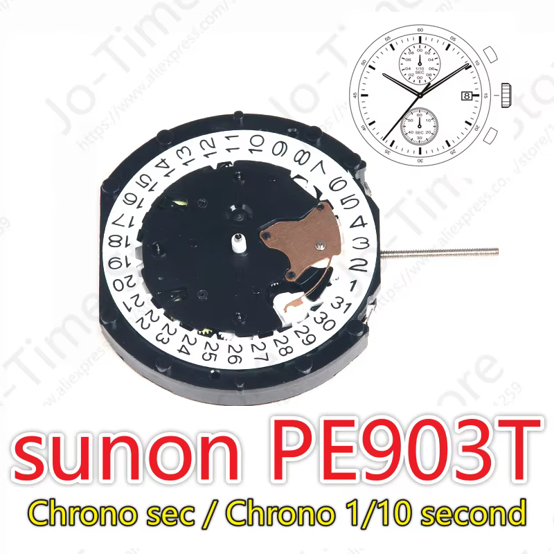 Sunon Pe903T-3 montre à Quartz mouvement Chine Ligne trois aiguilles avec 2 yeux Date petit chronographe seconde 1/10 secondes