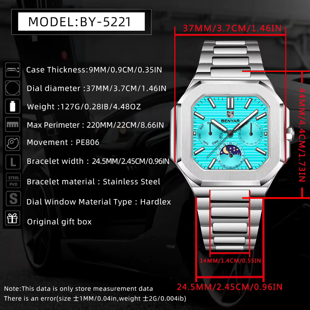 BENYAR 5221 montre pour hommes 37mm montre-bracelet à Quartz haut de gamme en acier inoxydable montres étanches