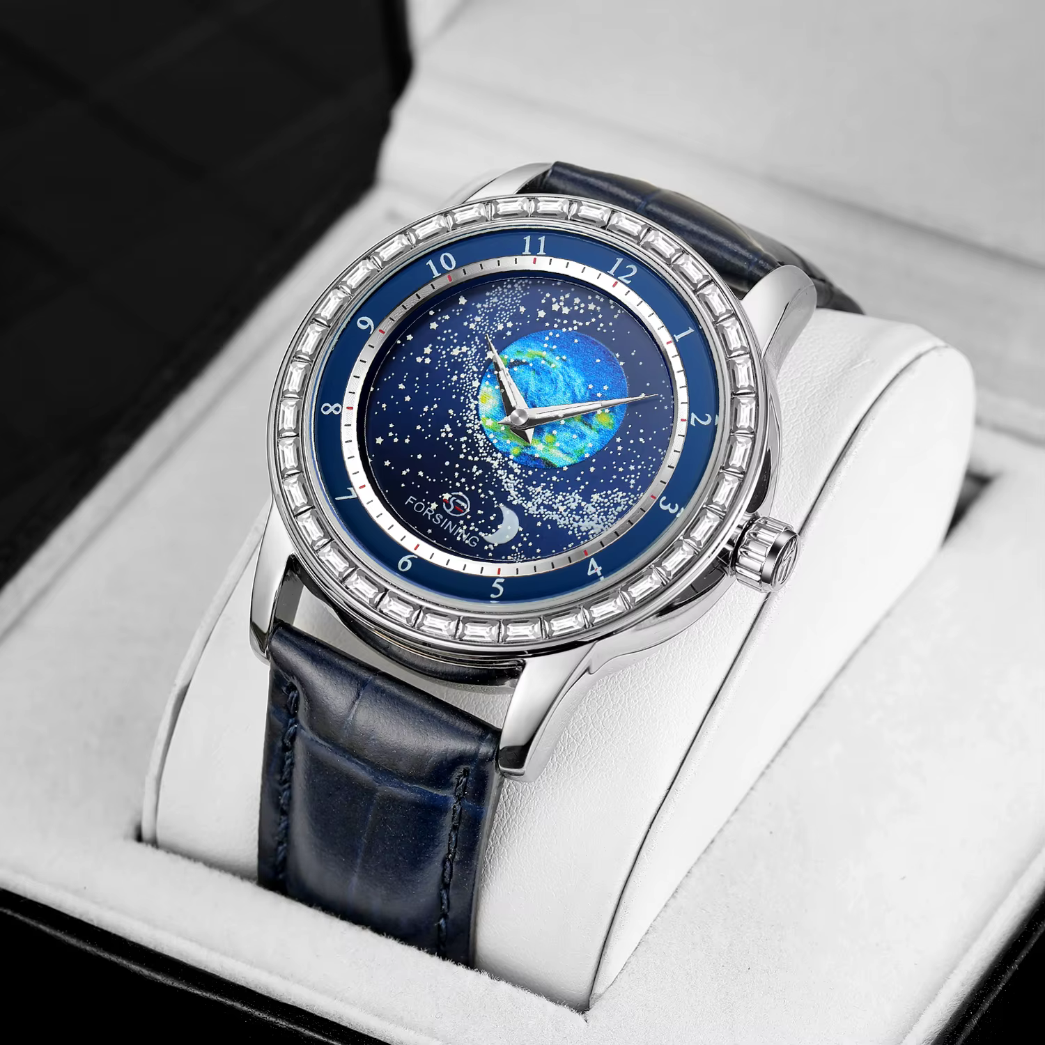 Montre automatique mécanique FORSINING 2026 pour homme, étanche, avec design Terre-Lune et diamants, bracelet authentique, idéale pour les affaires