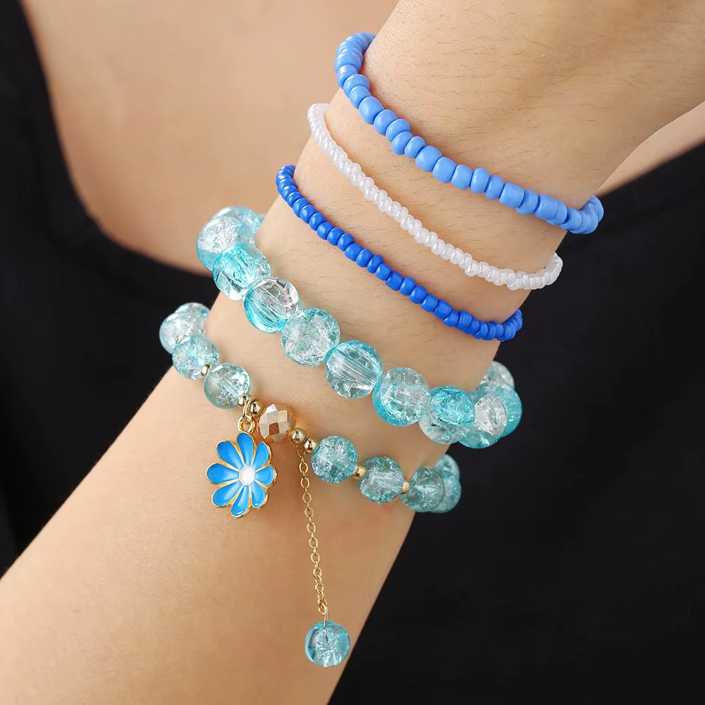 Ensemble de bracelets perlés marguerites violettes mignonnes pour femmes, style bohème, avec perles craquelées en cristal, extensibles et empilables, bijoux d'amitié, cadeau