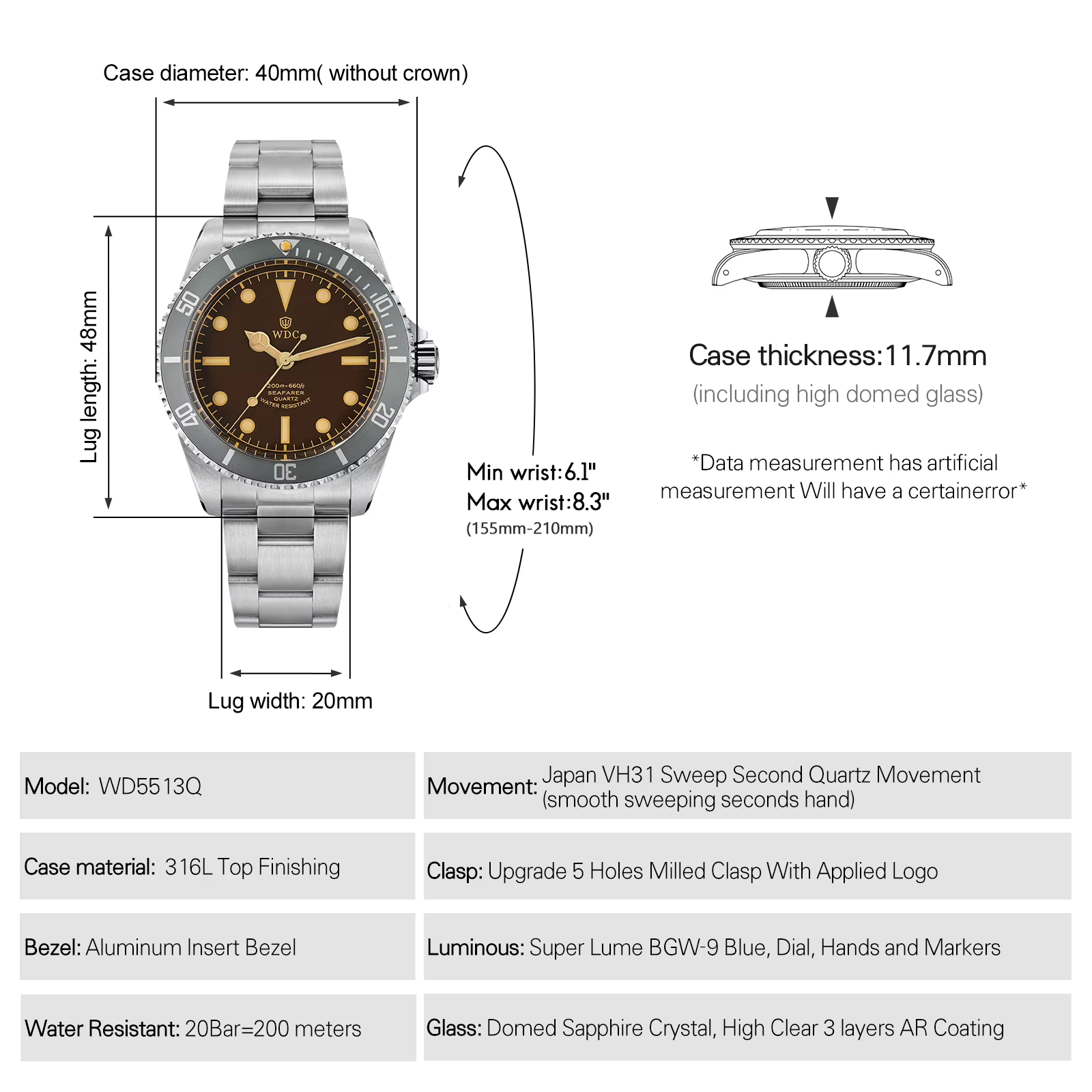 Watchdives WD5513Q Montre à quartz haut de gamme VH31 Mouvement à balayage Saphir AR Lumineux Étanche 20 bars Acier 40 mm Montre-bracelet rétro pour homme