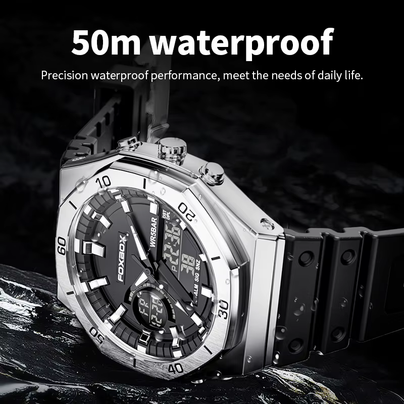 FOXBOX nouvelles montres à double affichage pour hommes sport décontracté chronographe Quartz grand cadran montre-bracelet Silicone étanche horloge numérique