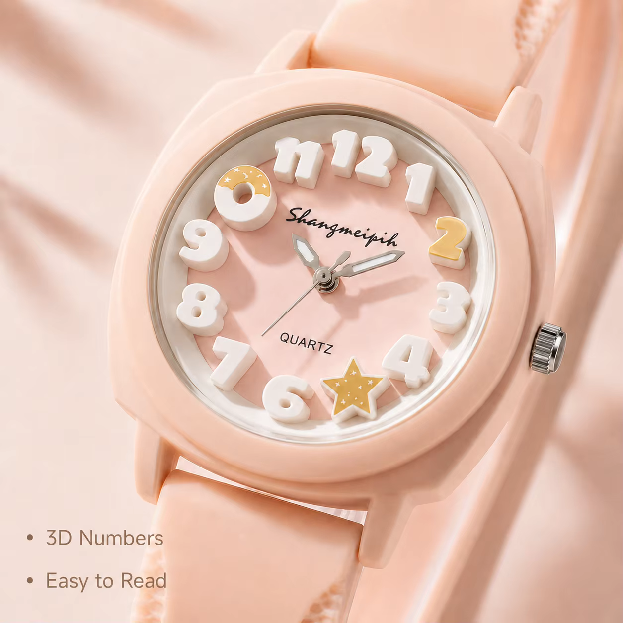 Montre analogique à cadran numérique 3D avec motif lune et étoiles