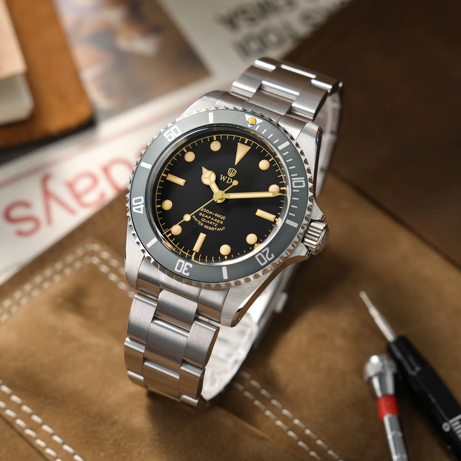Watchdives WD5513Q Montre de plongée à quartz VH31 Mouvement à balayage Saphir Étanche 20 bars Lunette en aluminium 40 mm Montres vintage en acier inoxydable