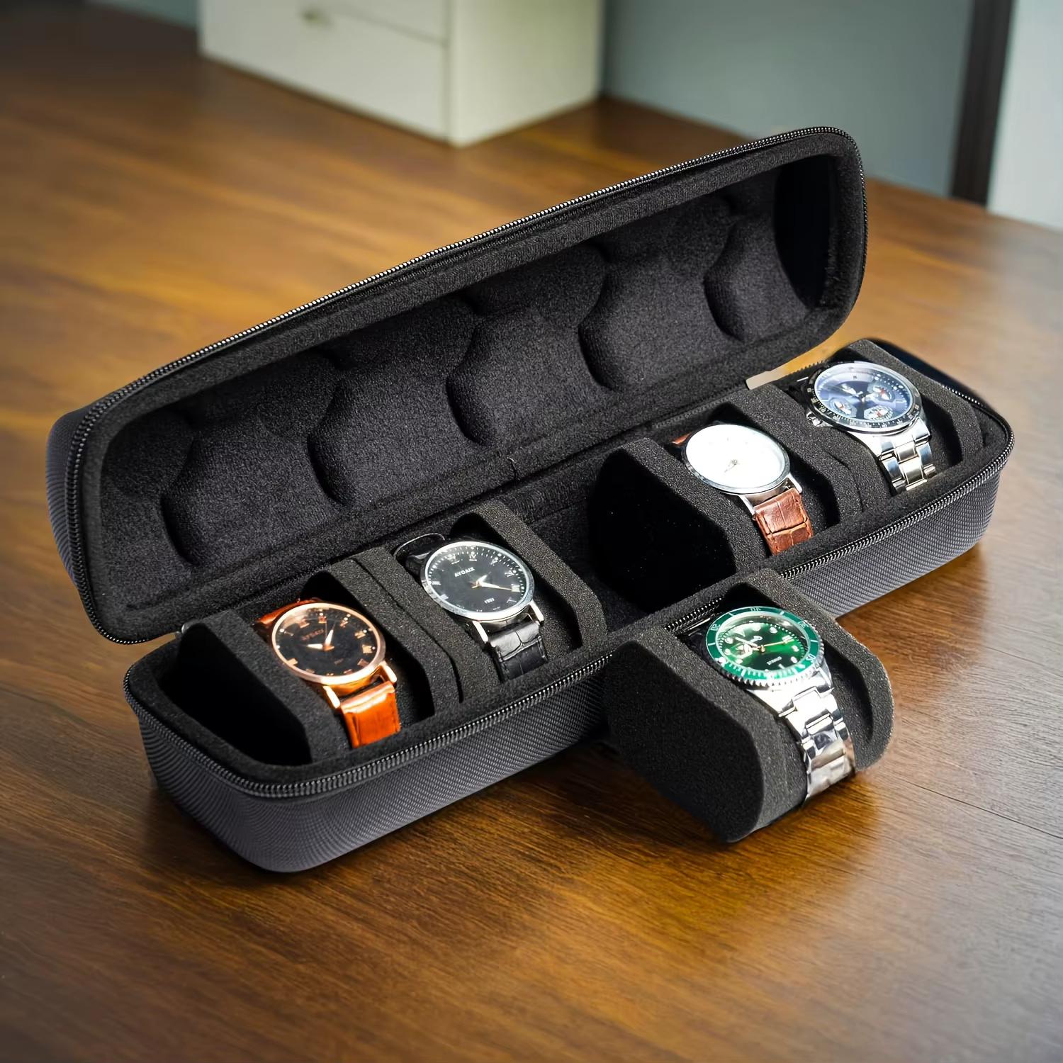 Organisateur de montres à 5 compartiments en coque rigide - Étui de voyage portable avec doublure en mousse