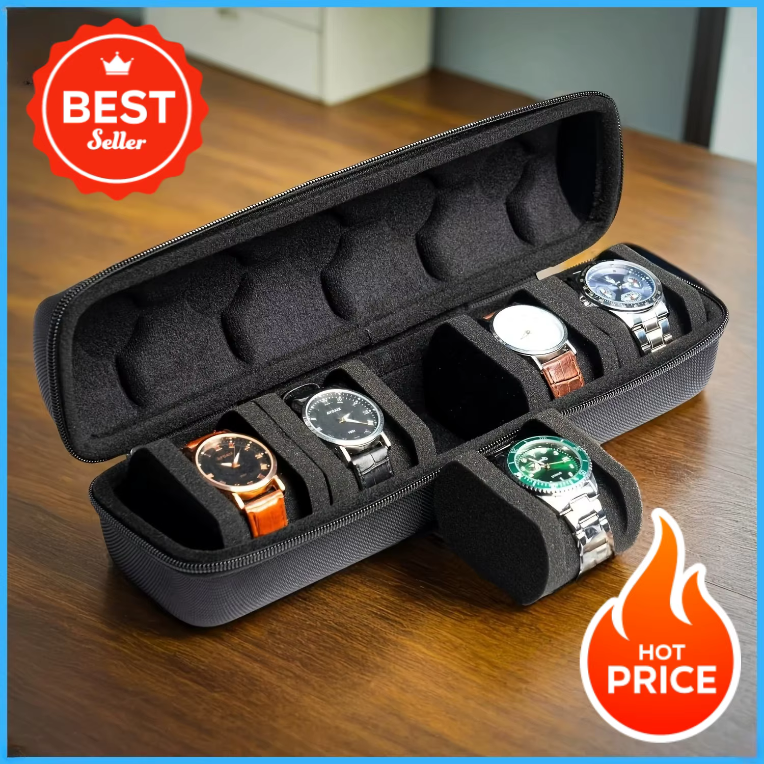 1 boîtier de montre à 5 emplacements | Organisateur de voyage à coque rigide avec insert d'oreiller - Prêt cadeau (noir)