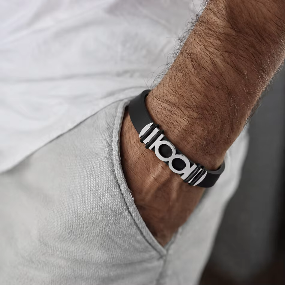 Bracelet infini pour homme et femme, bracelet en silicone noir avec incrustation en acier inoxydable, 8 symboles de l'amour éternel et de la promesse à jamais