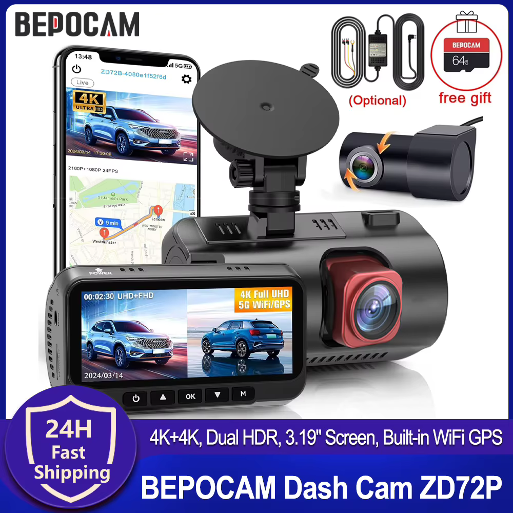 Caméra embarquée BEPOCAM 4K+4K avec GPS intégré, WIFI, vision nocturne IR, surveillance de stationnement 24H, carte 64G offerte