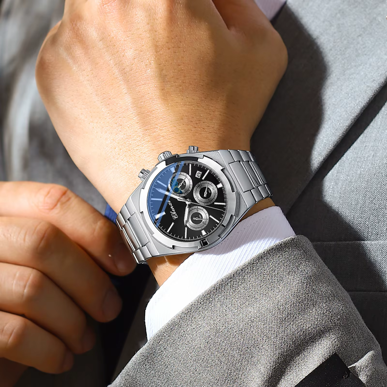Montres pour hommes classique multifonctionnel chronographe montre de sport haut de gamme en acier inoxydable étanche lumineux montre-bracelet à Quartz