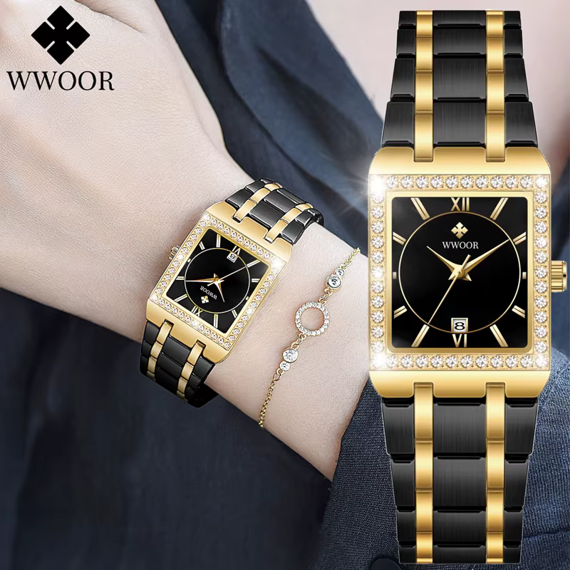 WWOOR Reloj nouvelle mode dames diamant montre haut de gamme de luxe carré montre-bracelet Simple femmes robe petite