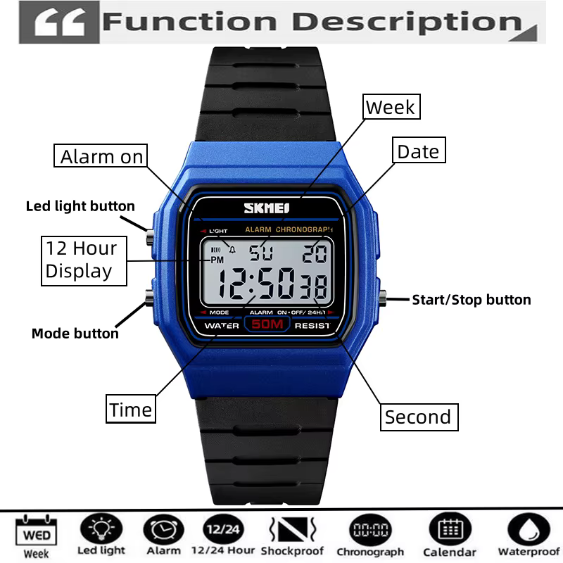 Skmei femmes Led montres étanches mode bracelet en polyuréthane natation numérique Sport montre-bracelet femme réveil