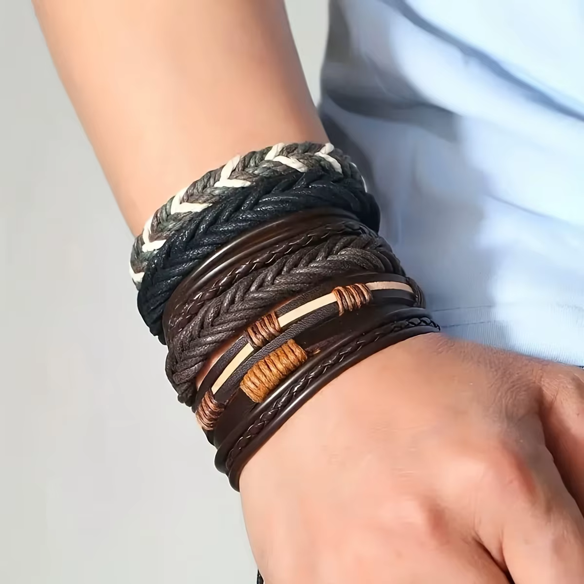 20 pièces Bracelets en cuir tressé pour hommes femmes envelopper perles de bois manchette Bracelet cordons de chanvre