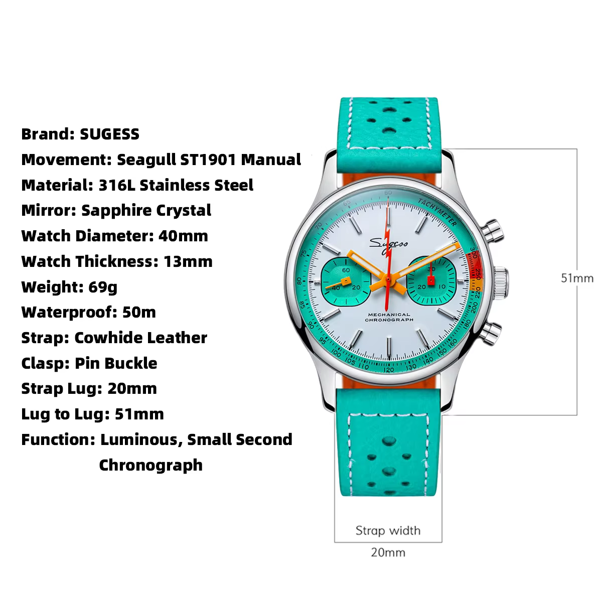 Sugess montre chronographe pour homme ST19 mouvement à col de cygne montres mécaniques saphir cristal pilote militaire horloge de course nouveau