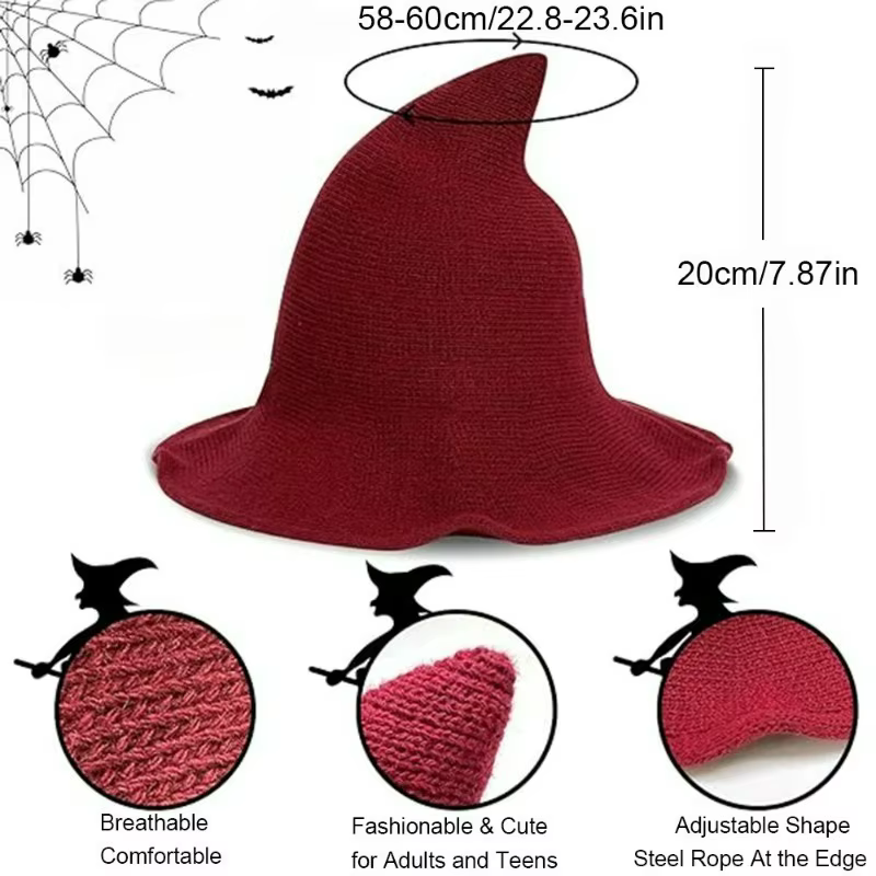 Chapeau de sorcière d'Halloween tricoté à pointe pour femme, accessoire de costume à large bord en polyester doux et chaud, idéal pour cosplay, fête, style gothique, bordeaux