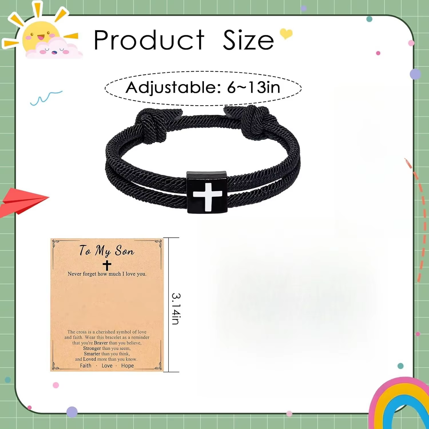 Bracelet pour fils panier de pâques, corde tressée, croix réglable, cadeaux de remise de diplôme, de pâques, de baptême chrétien