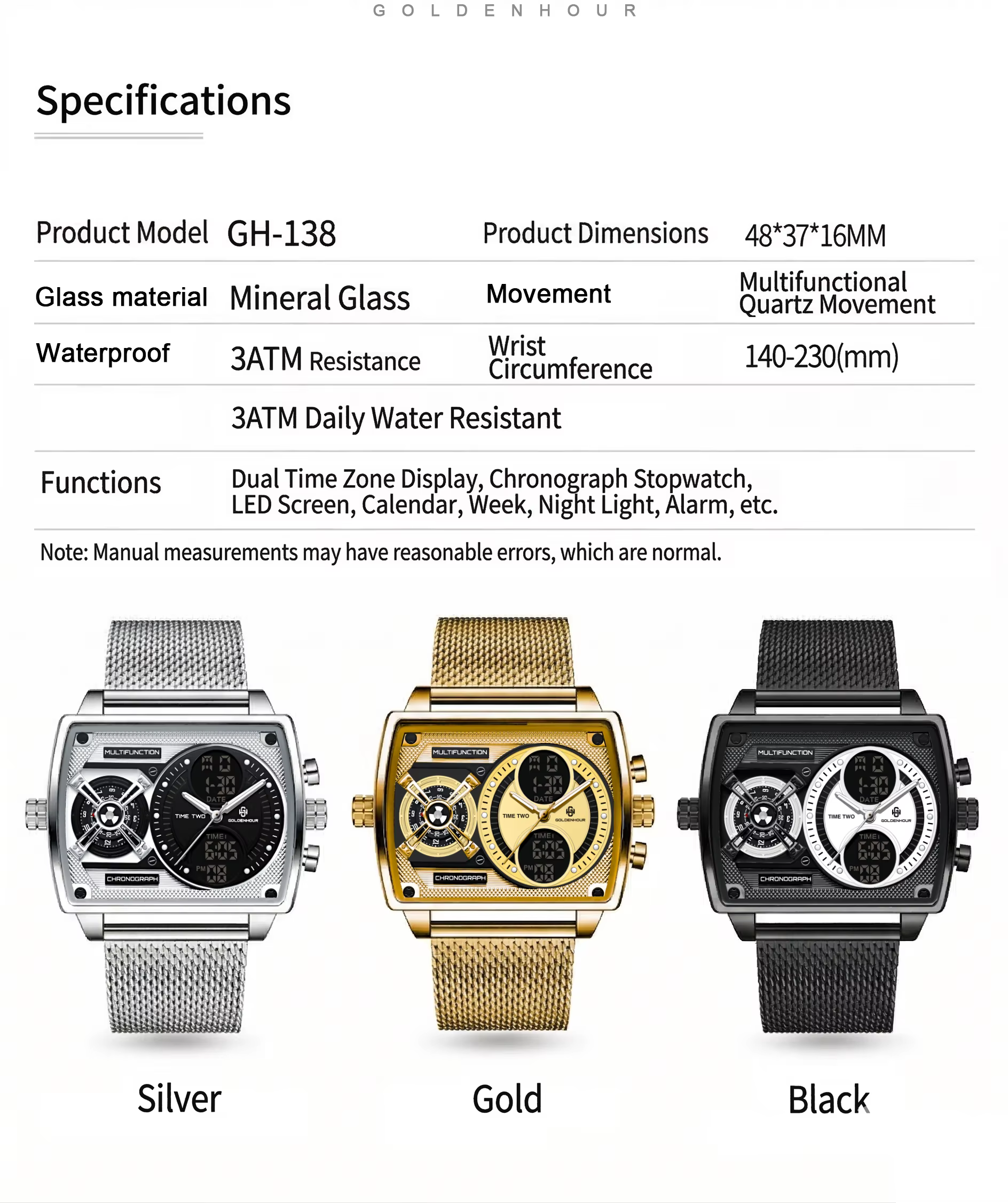 GOLDENHOUR Montre de luxe dorée pour homme