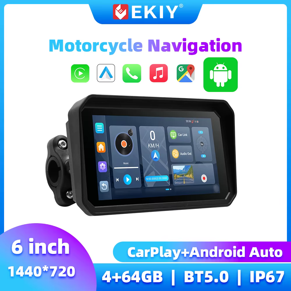 EKIY Android 14.0 4+64GB 6 pouces Navigation GPS pour moto avec Carplay, Nouveau Carplay sans fil Apple, Android Auto, Écran tactile, GPS pour moto