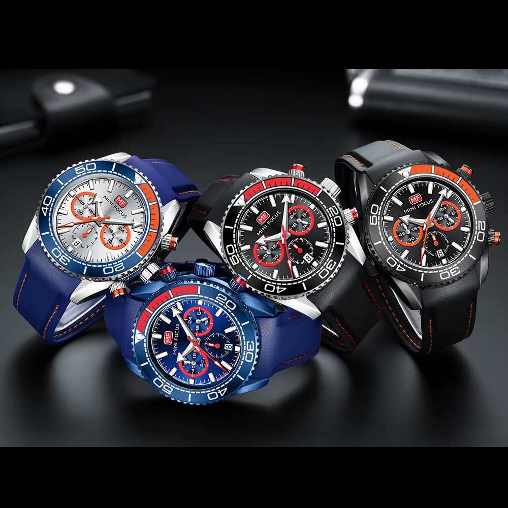 MINI FOCUS chronographe montres à Quartz pour hommes montre-bracelet de Sport de mode avec Date automatique indicateur 24 heures bracelet en Silicone bleu 0426