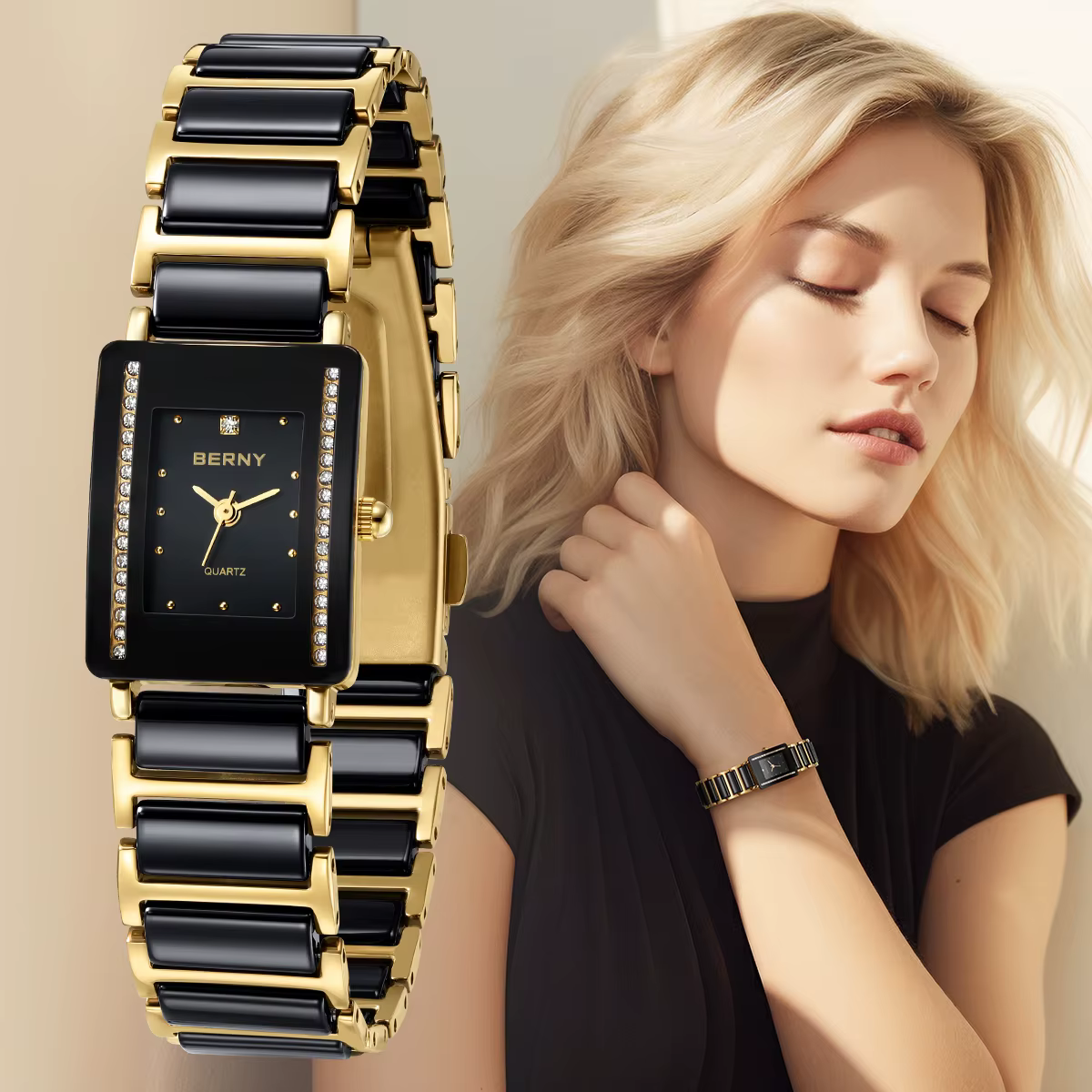 BERNY céramique Quartz femmes montre mode Rectangle hommes/femmes montre-Bracelet de luxe diamant or Couple montres