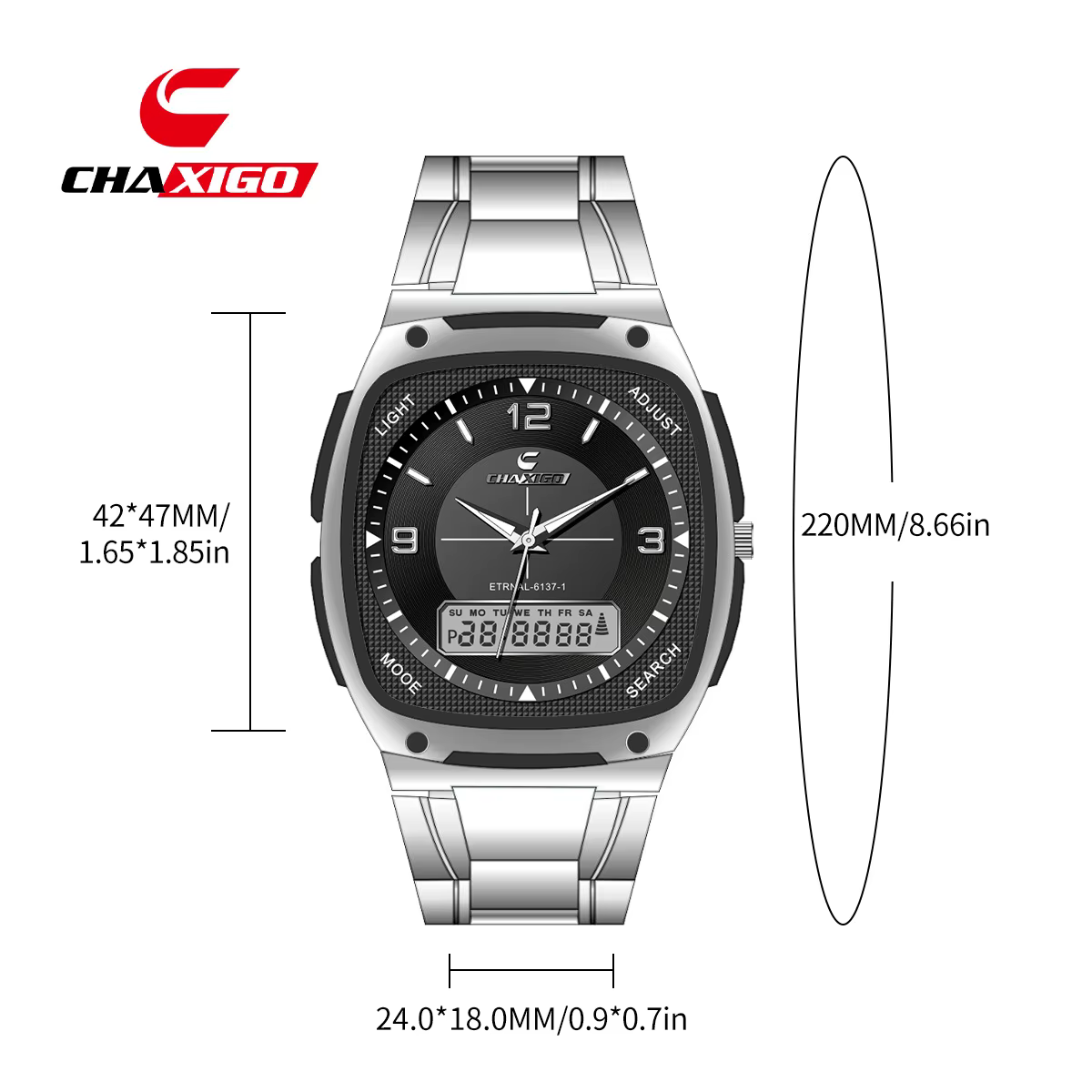 CHAXIGO 6137 mode montre pour hommes lumineux étanche calendrier réveil multi fonctionnel montres