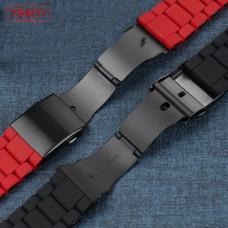 Bracelet de montre en caoutchouc et acier inoxydable pour hommes